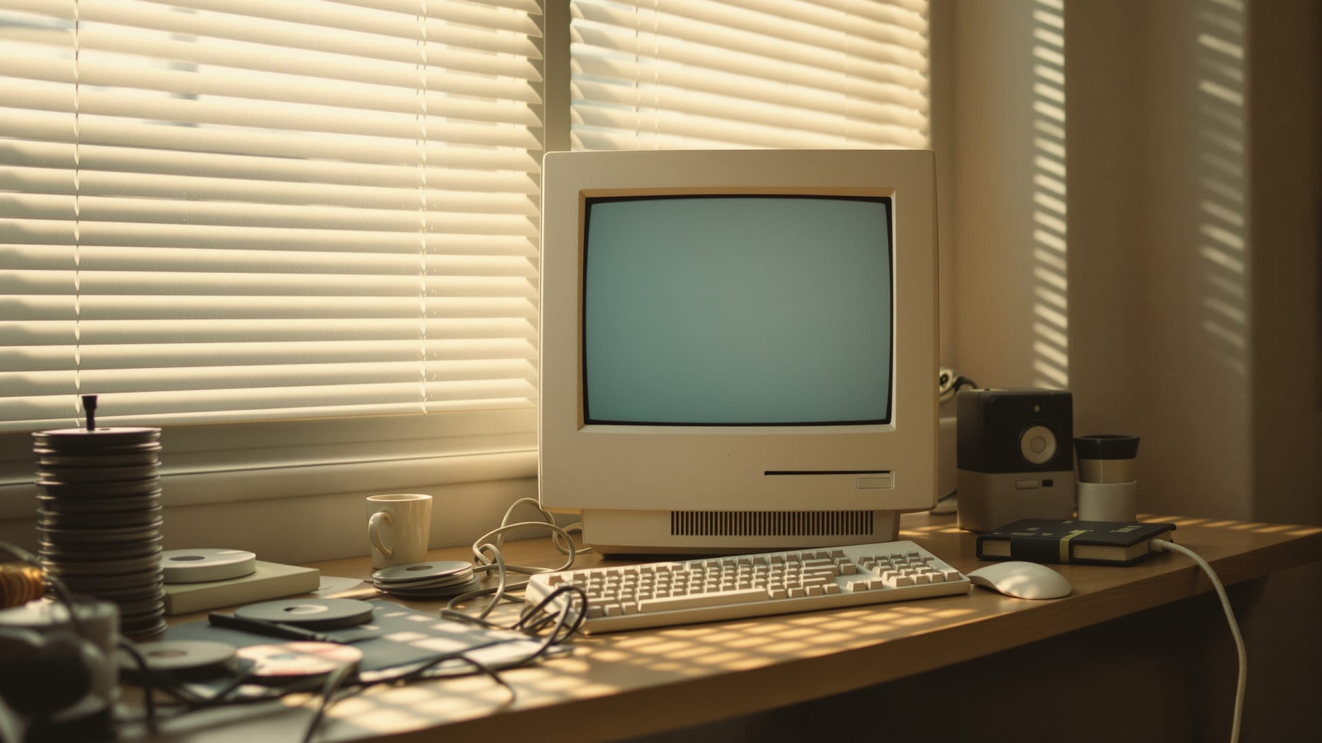 Puesto de trabajo doméstico de mediados de los años dos mil con pantalla apagada, teclado, cuaderno y discos vírgenes