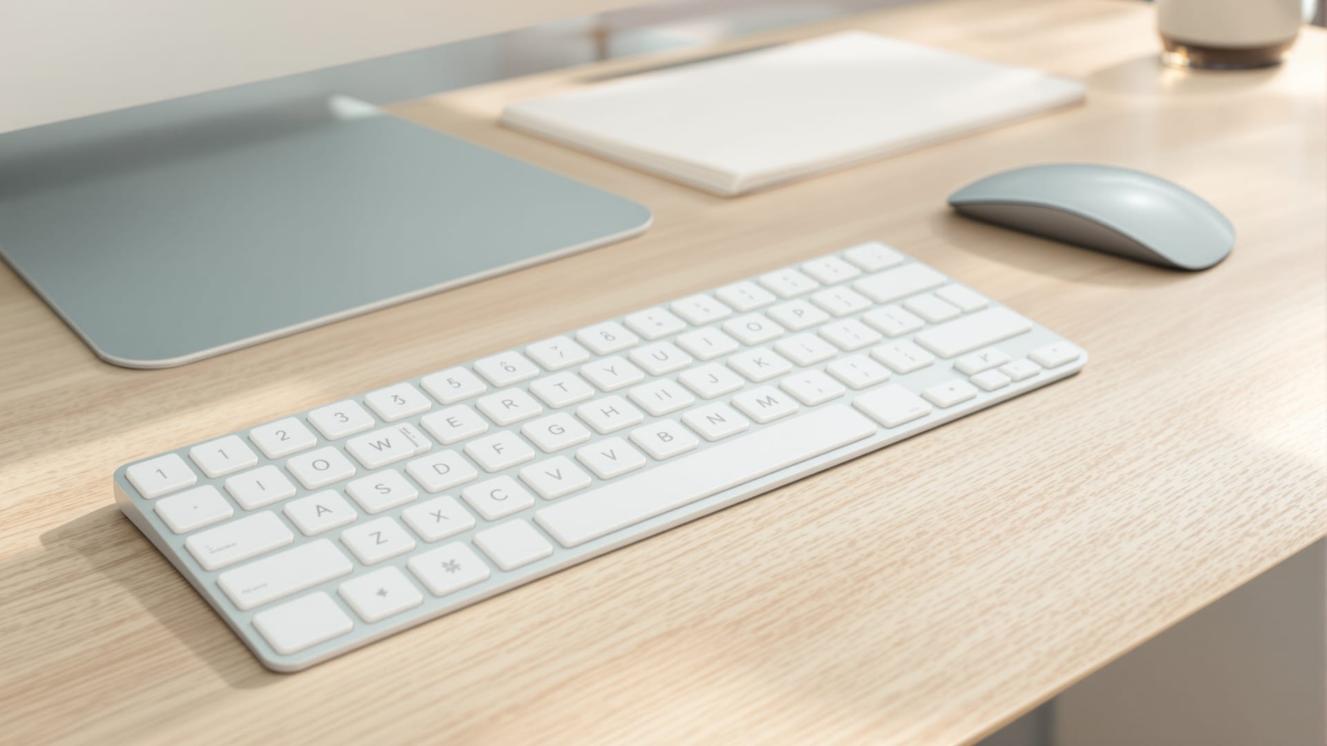 Teclado de perfil bajo sobre un escritorio de madera clara con luz natural difusa