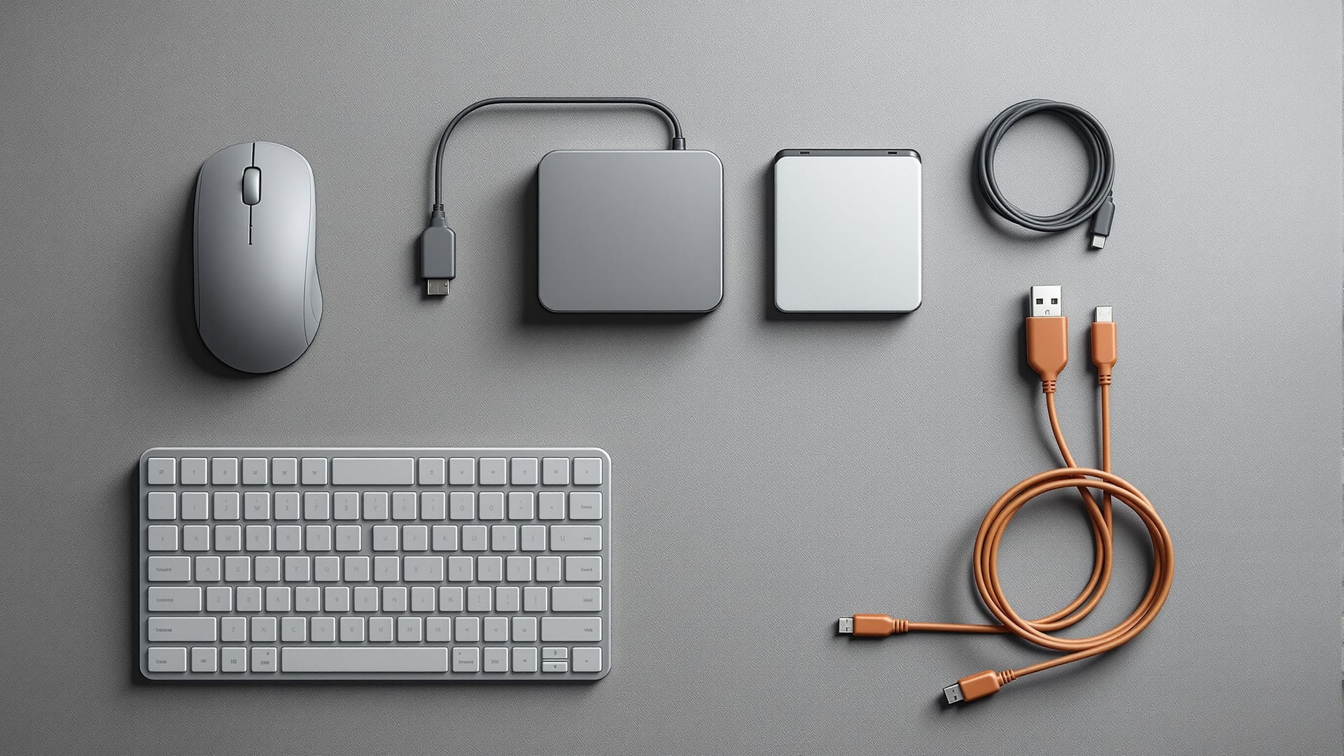Ratón, teclado de teclas en blanco, carcasa de disco externo, hub y cables ordenados sobre una superficie de hormigón