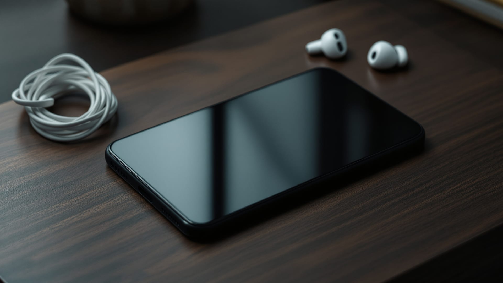 Aparato rectangular genérico con la pantalla apagada sobre una mesa de madera, junto a un cable enrollado