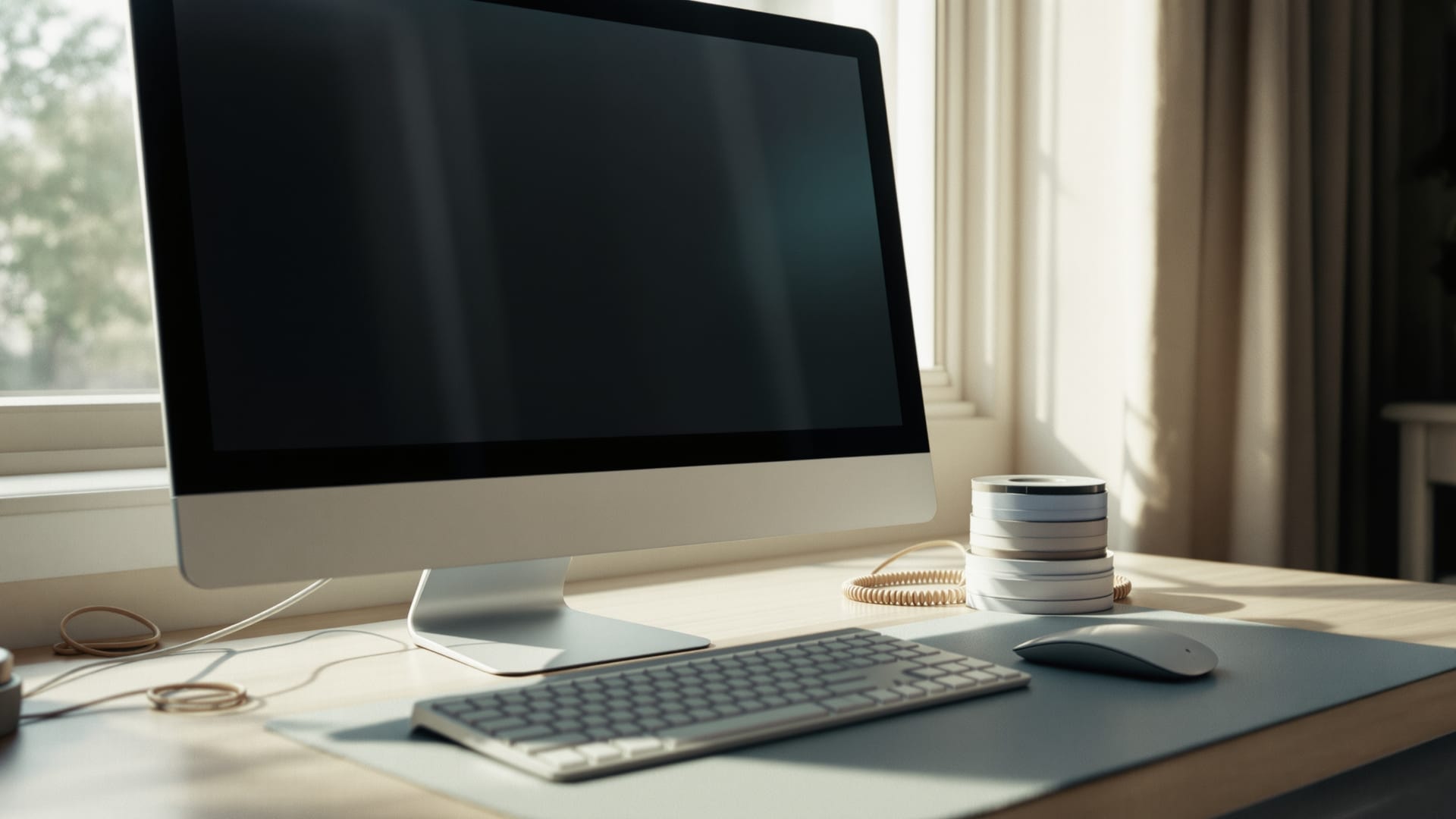 Escritorio de trabajo con un monitor de pantalla apagada, teclado, ratón y discos ópticos sin etiquetar