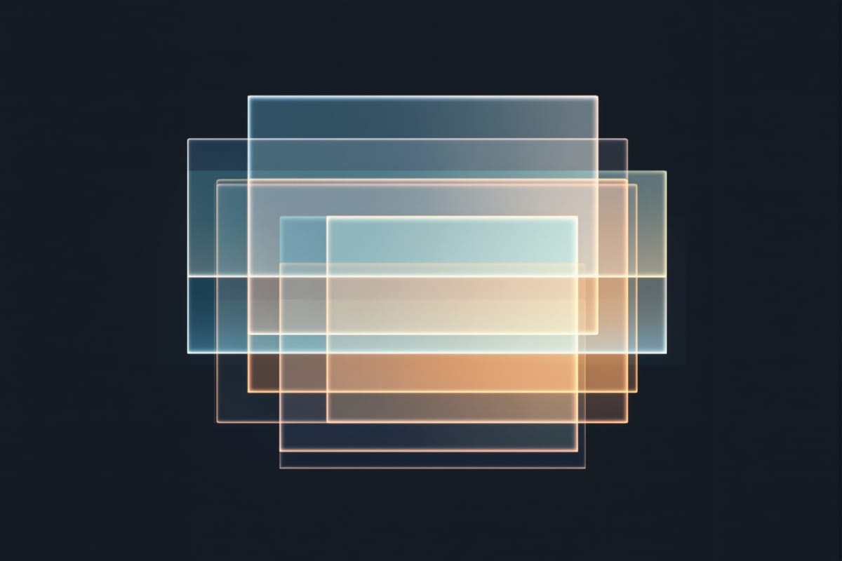 Ilustración abstracta de paneles translúcidos superpuestos que sugieren varios escritorios y ventanas