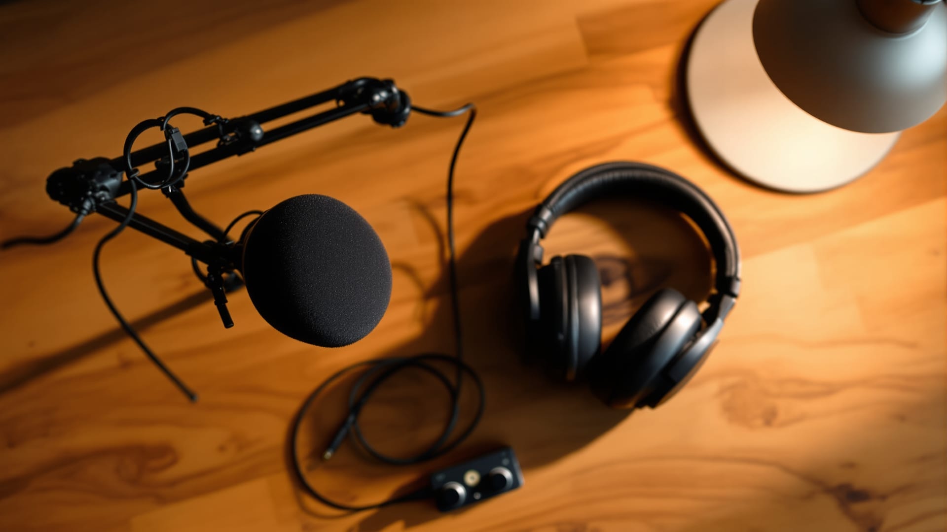 Micrófono de condensador con brazo articulado, auriculares y una interfaz de audio sobre un escritorio de madera