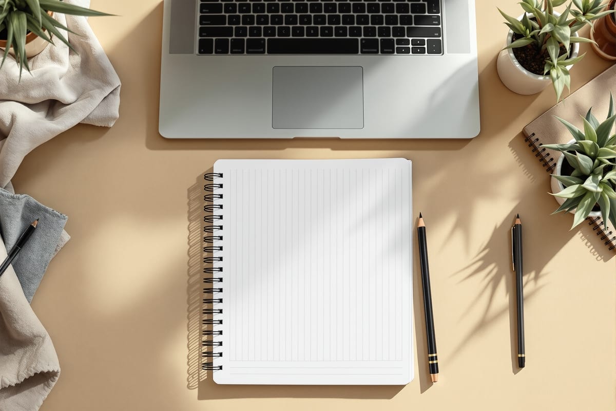 Vista cenital de un escritorio ordenado con una libreta abierta, un lápiz y un portátil
